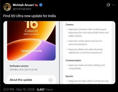 OPPO Find X9 Ultra Camera Update
